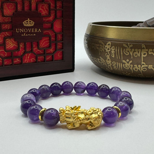 Amethyst with 24K Gold PiYao for Potection-Healing-Wealth