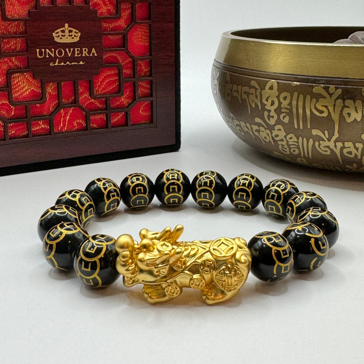 9 Coins 10mm Black Onyx w/ Lucky PiYao for Good Fortune and Flow of Prosperity