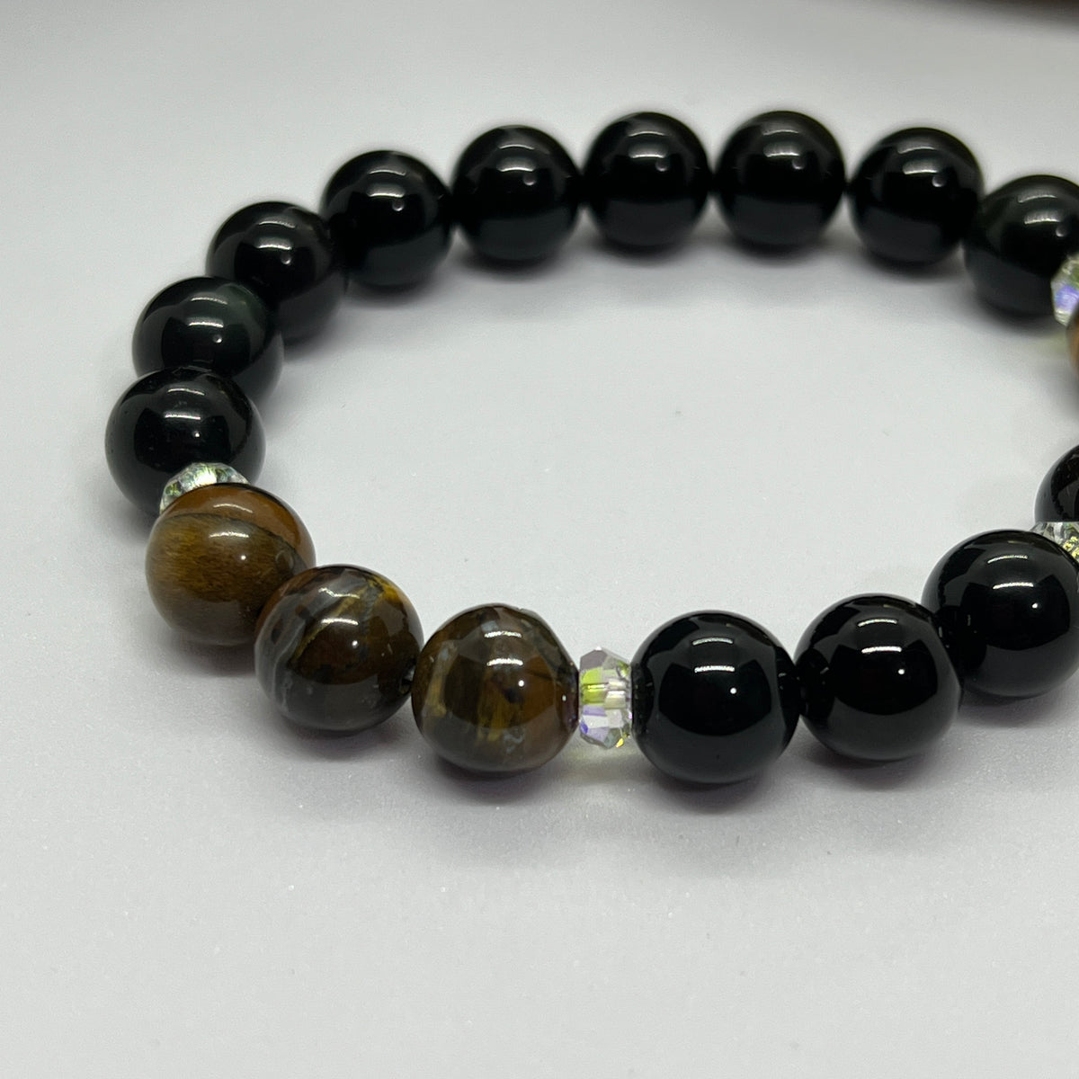 Swarovski Crystal w/ Tigers Eye × Black Obsidian for Healing, Protection and Luck