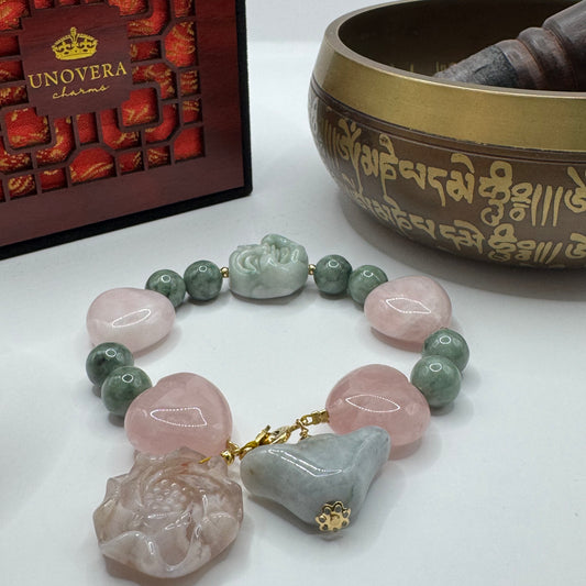 Burmese Jade Buddha/Moneybar w/ Heart Rose Quartz for Wealth, Prosperity & Love