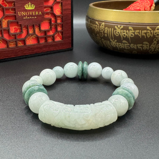 12mm Chinese Jade & Premium Burmese Jade w/ Jade Bamboo for Good Fortune, Money & Health