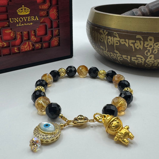 Faceted Citrine/Onyx w/ Evil Eye & Labubu for Abundance, Protection and Prosperity