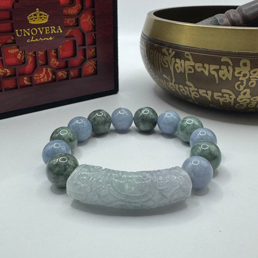 12mm Premium Burmese Jade & Aquamarine w/ Jade Bamboo for Good Fortune, Money & Health