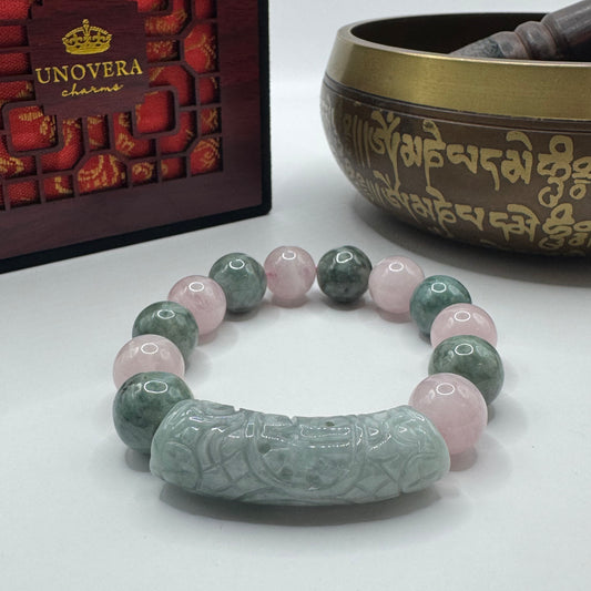 12mm Premium Burmese Jade & Rose Quartz w/ Jade Bamboo for Good Fortune, Money & Love