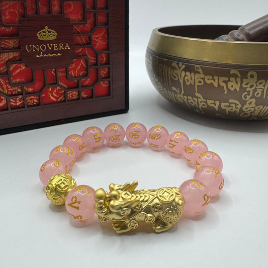 12mm Rose Quartz Mantra with Piyao for Wealth, Universal Love & Protection