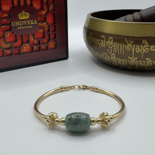 10k Gold Bangle with Premium Burmese Jade for Good Fortune, Wealth & Health