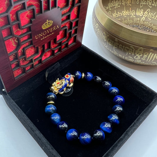 Blue Tiger Eye with 24K Gold Color Changing PiYao for Calming-Good Luck-Protection