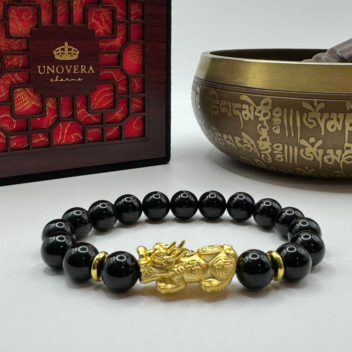 Black Onyx with 24K Gold PiYao and Money Ball for Fortune-Attract Wealth-Protection