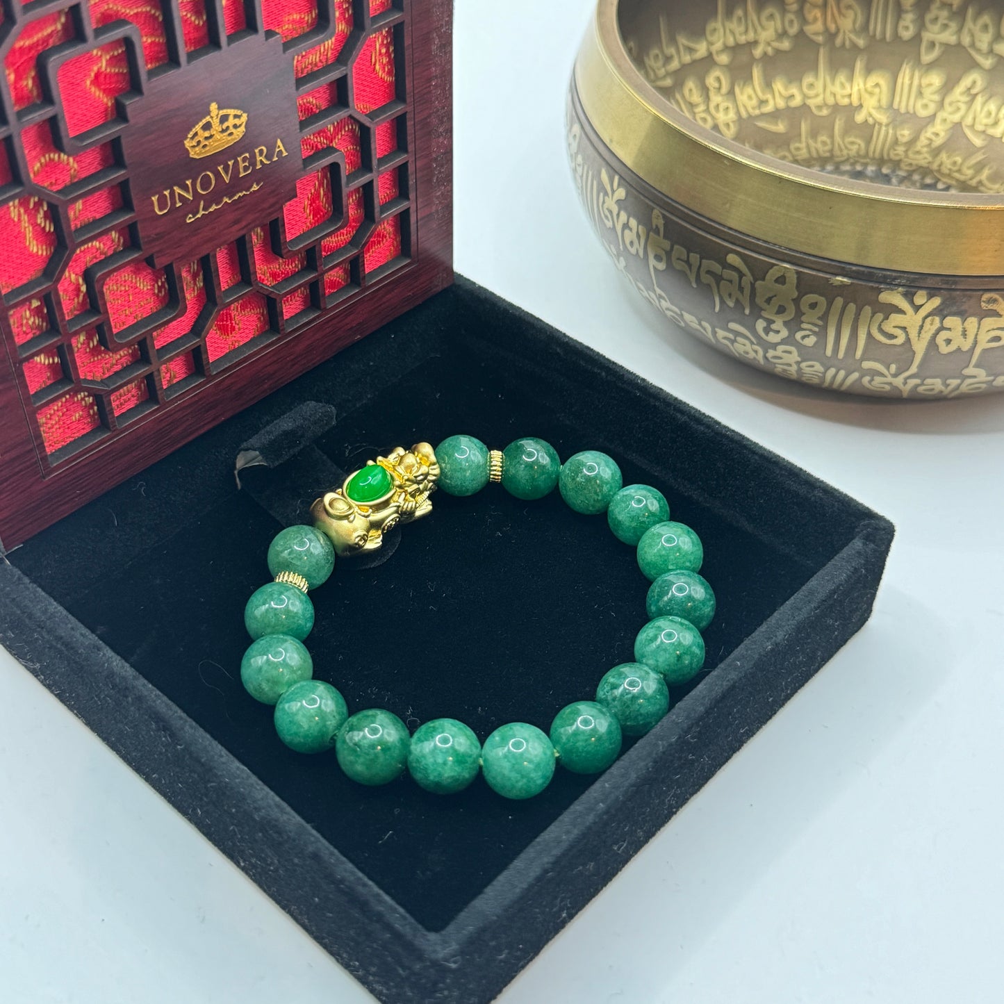 Green Angelite with 24k Gold PiYao with Cats Eye for Healing-Protection-Wealth