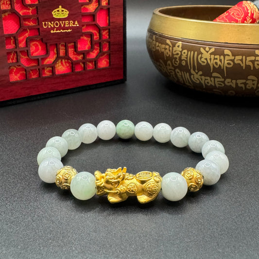 Green Jade w/ Silver Gold Plated Piyao for Prosperity, Healing & Protection