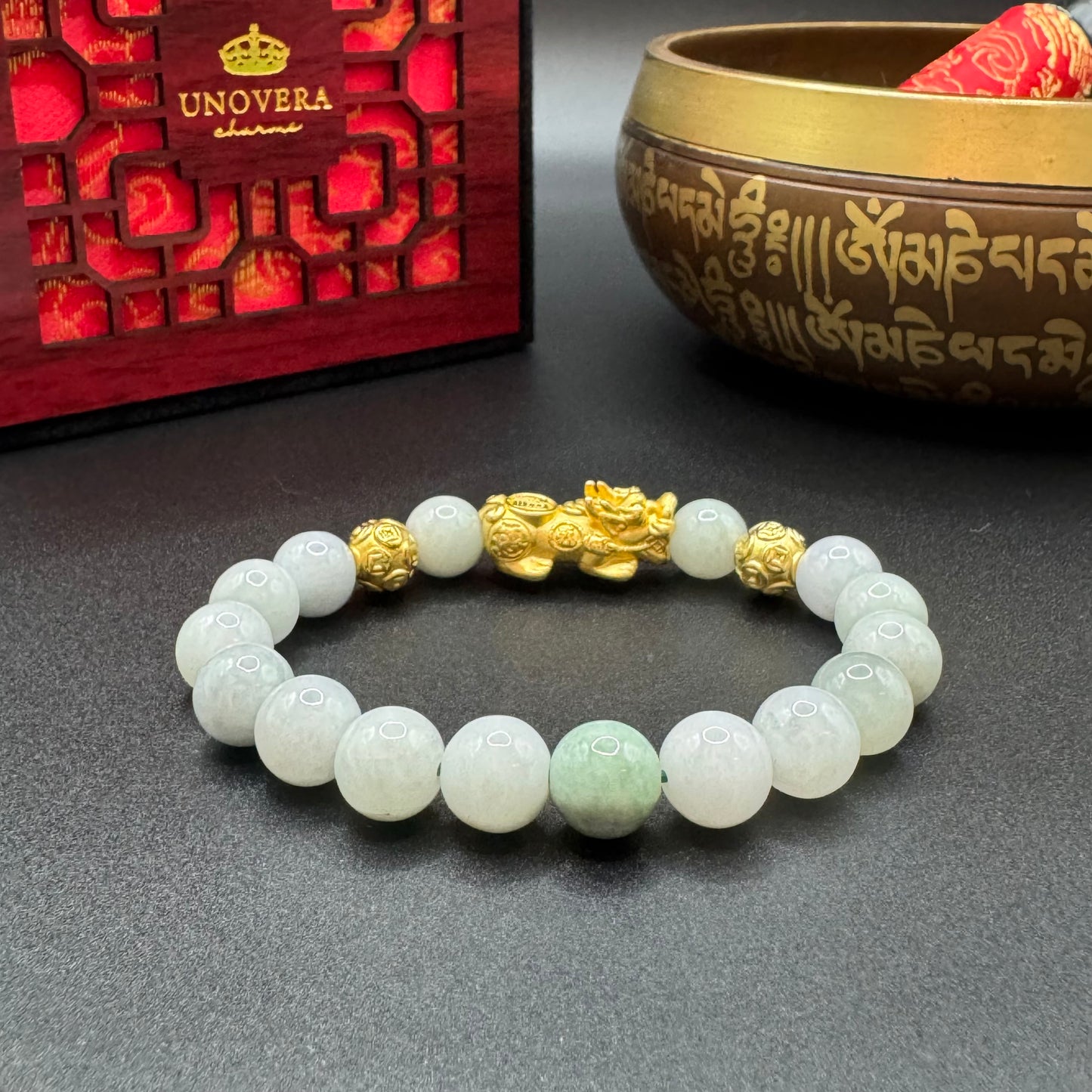 Green Jade w/ Silver Gold Plated Piyao for Prosperity, Healing & Protection
