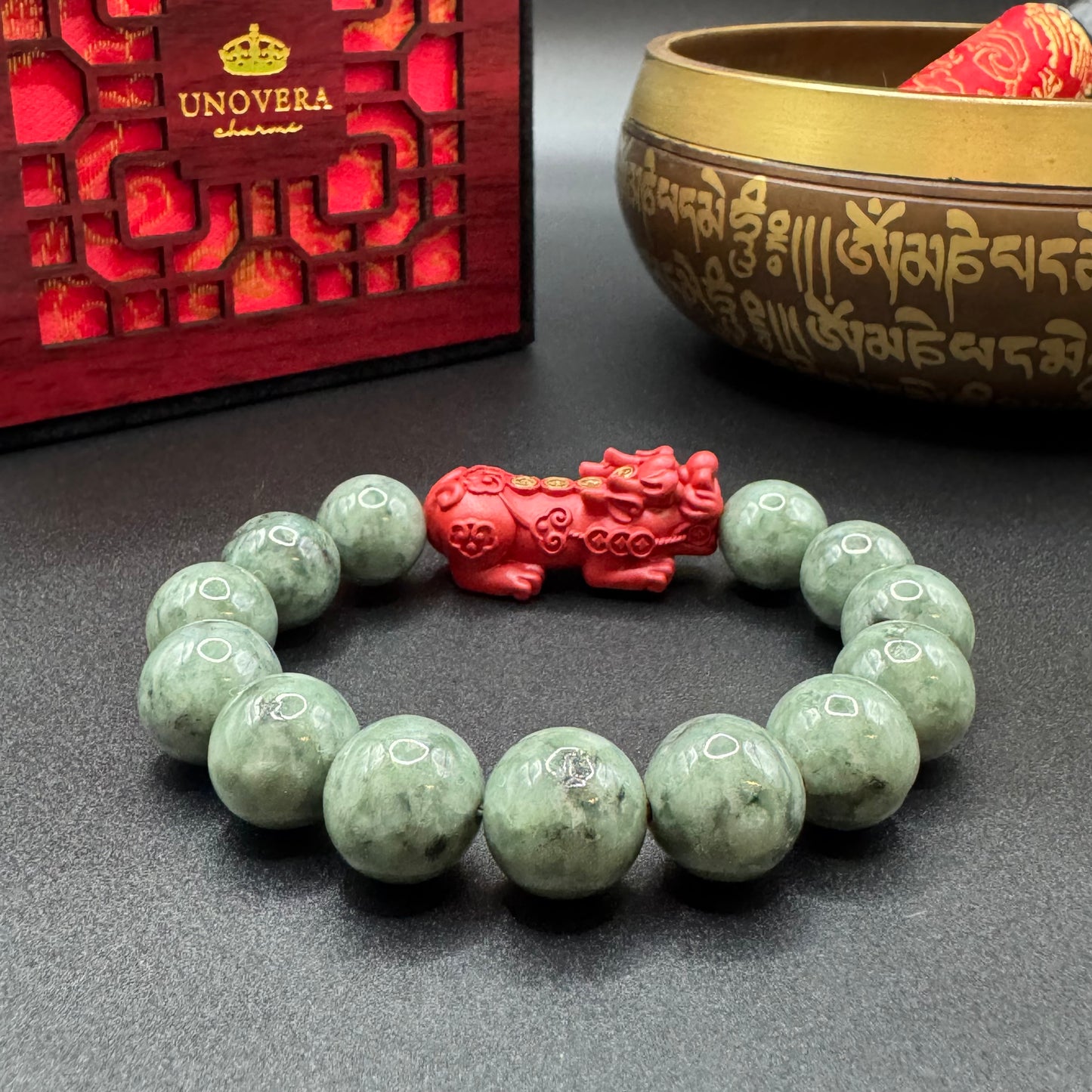 Burmese Jade (Premium) w/ Cinnabar Piyao for Good Fortune, Health & Wealth
