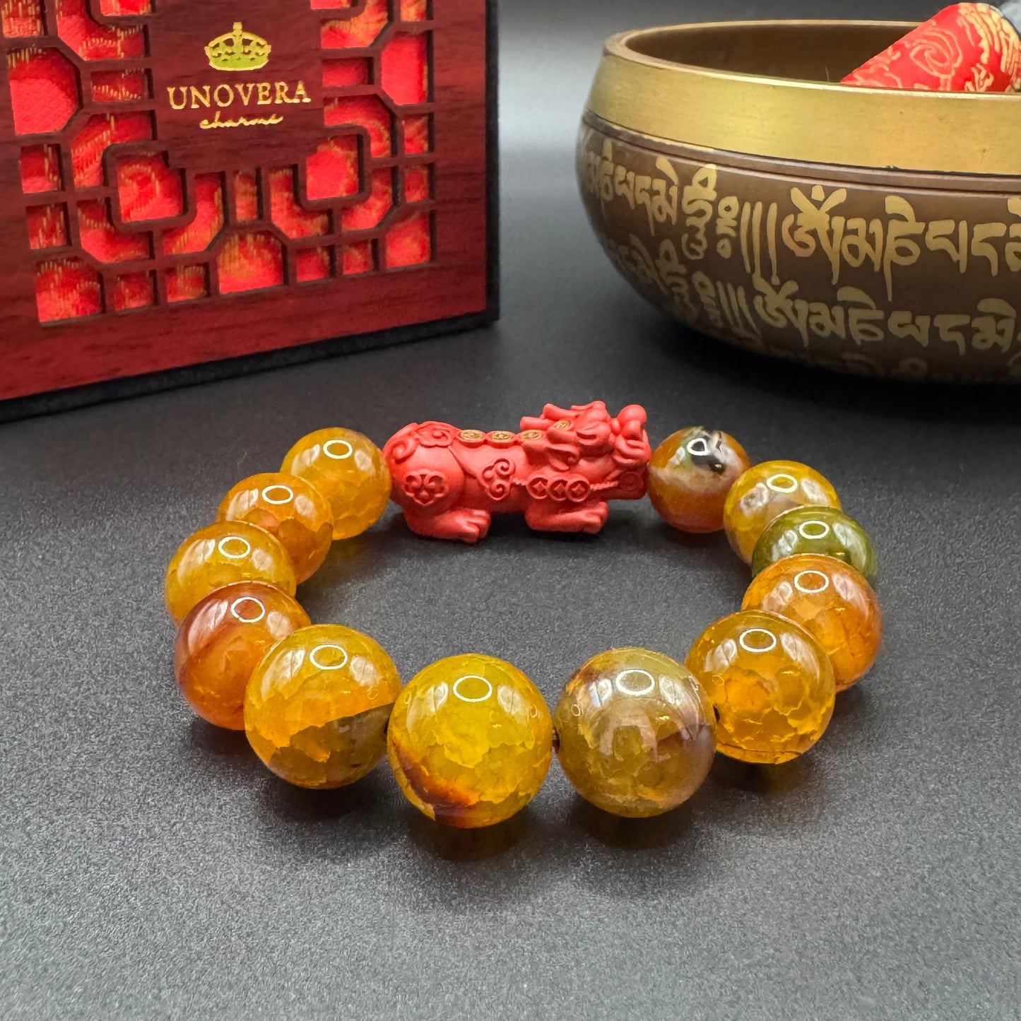Dragon Scale Agate 14mm w/ Cinnabar Piyao for Luck, Positive Energy & Protection