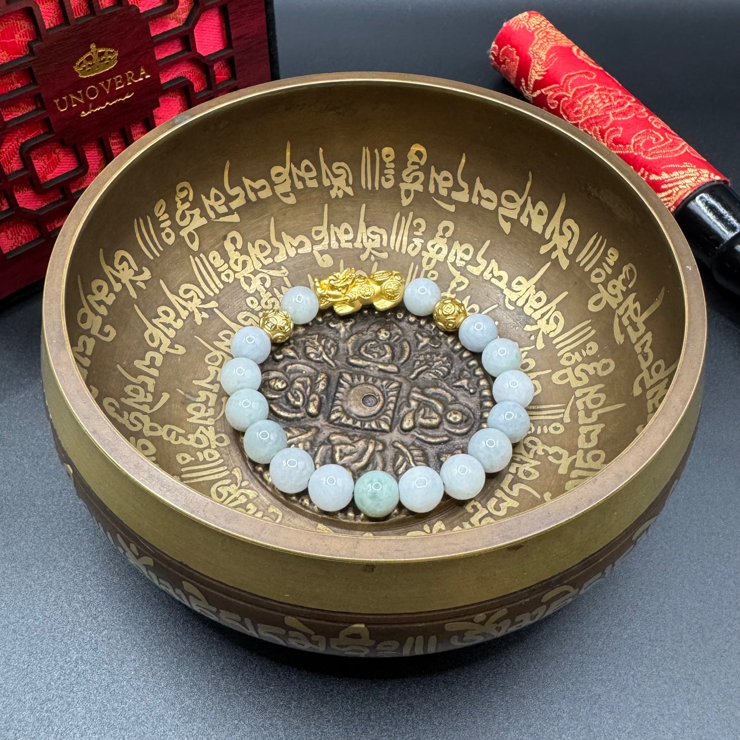 Green Jade w/ Silver Gold Plated Piyao for Prosperity, Healing & Protection