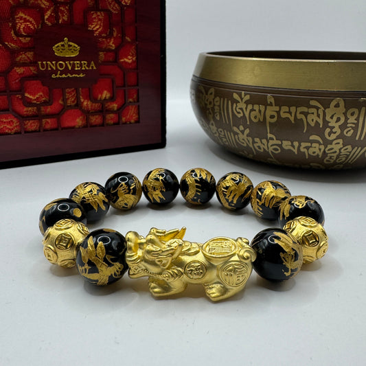 14mm Black Tourmaline w/ Sterling Silver Gold Plated Piyao for Wealth, Good Fortune & Protection