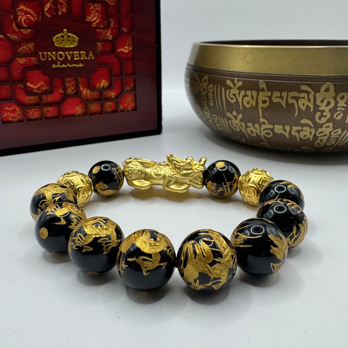 14mm Black Tourmaline w/ Sterling Silver Gold Plated Piyao for Wealth, Good Fortune & Protection