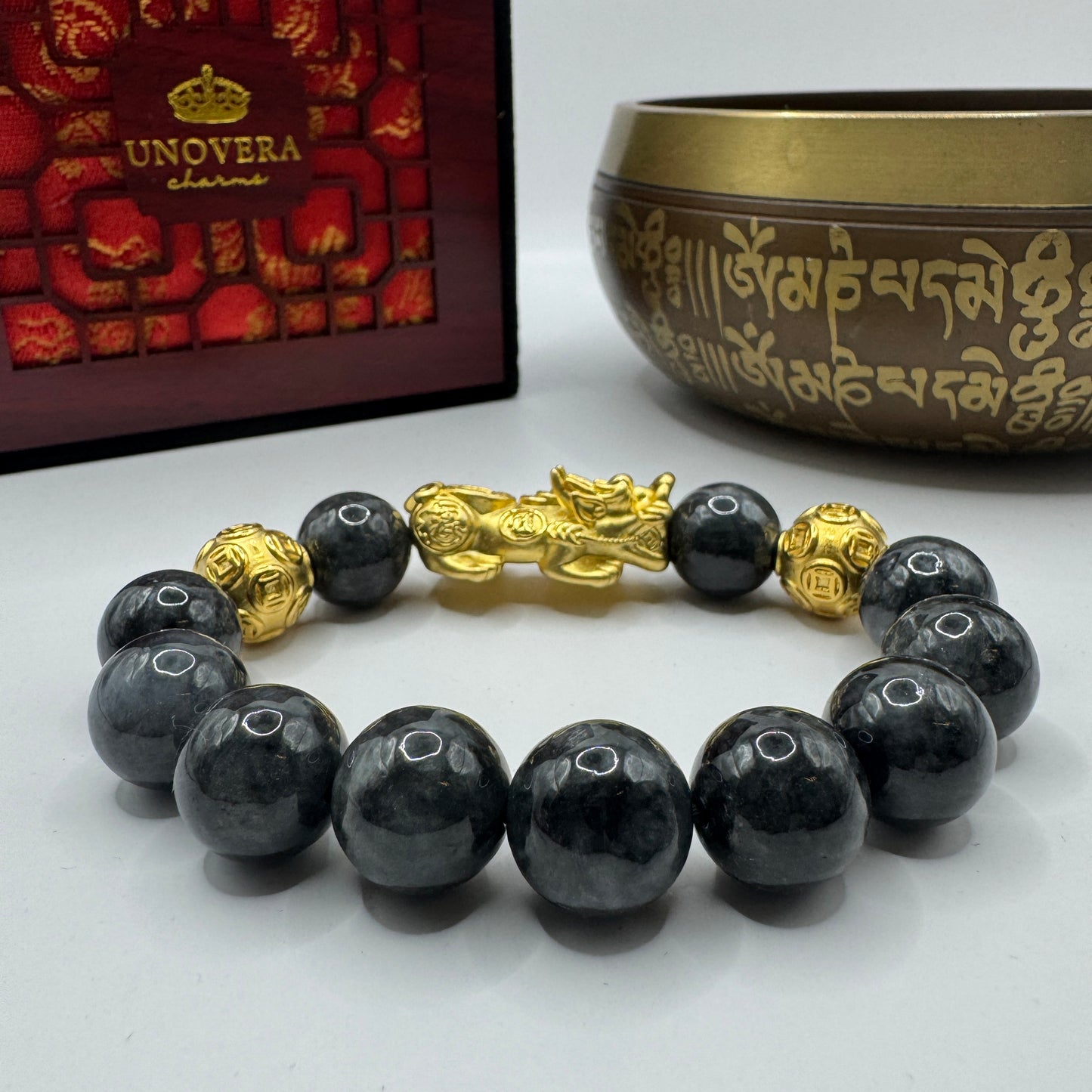 13mm Premium Black Jade w/ Sterling Silver Gold Plated Piyao for Wealth, Good Luck & Protection