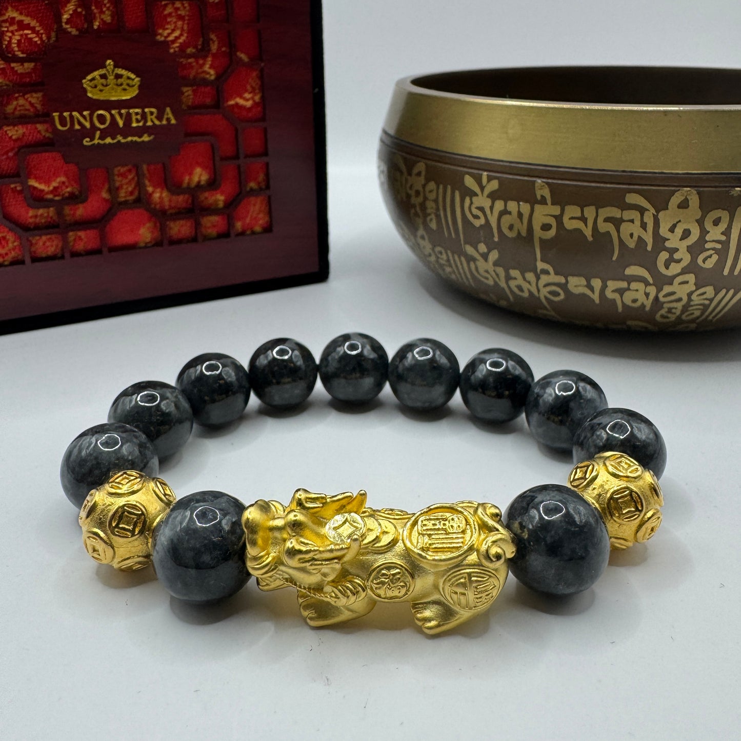 13mm Premium Black Jade w/ Sterling Silver Gold Plated Piyao for Wealth, Good Luck & Protection