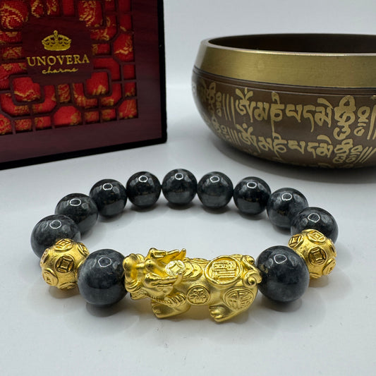 13mm Premium Black Jade w/ Sterling Silver Gold Plated Piyao for Wealth, Good Luck & Protection