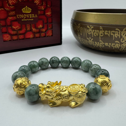 12mm Premium Jade w/ Sterling Silver Gold Plated Piyao for Good Fortune, Wealth & Health