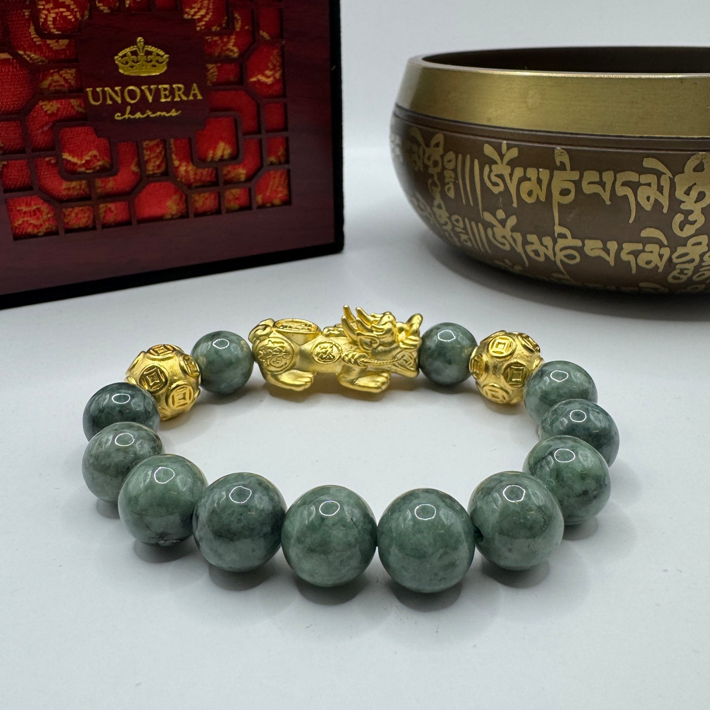 12mm Premium Jade w/ Sterling Silver Gold Plated Piyao for Good Fortune, Wealth & Health