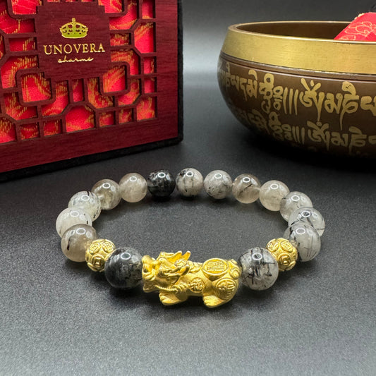Black Rutilated w/ Sterling Silver Gold Plated PiYao for Attract Wealth & Healing