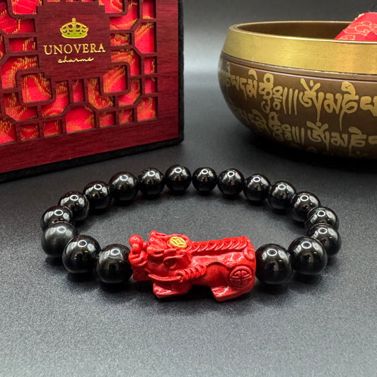 Black Tourmaline w/ Cinnabar Piyao for Wealth, Good Fortune & Protection