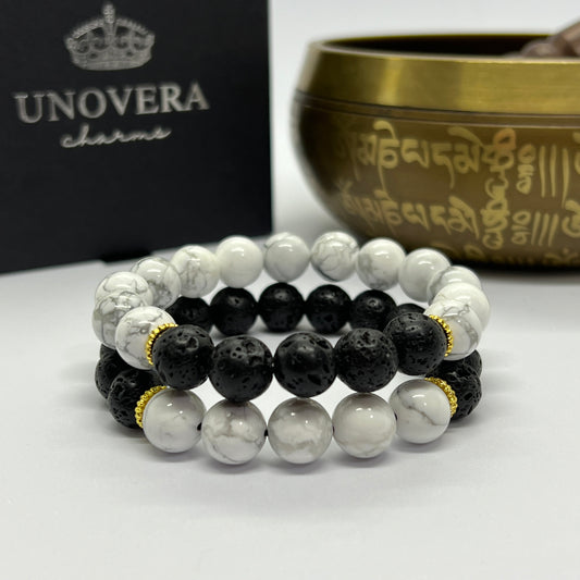 Couples Bracelet Natural Howlite & Lava Stones for Calming, Fertility & Eliminate Stress