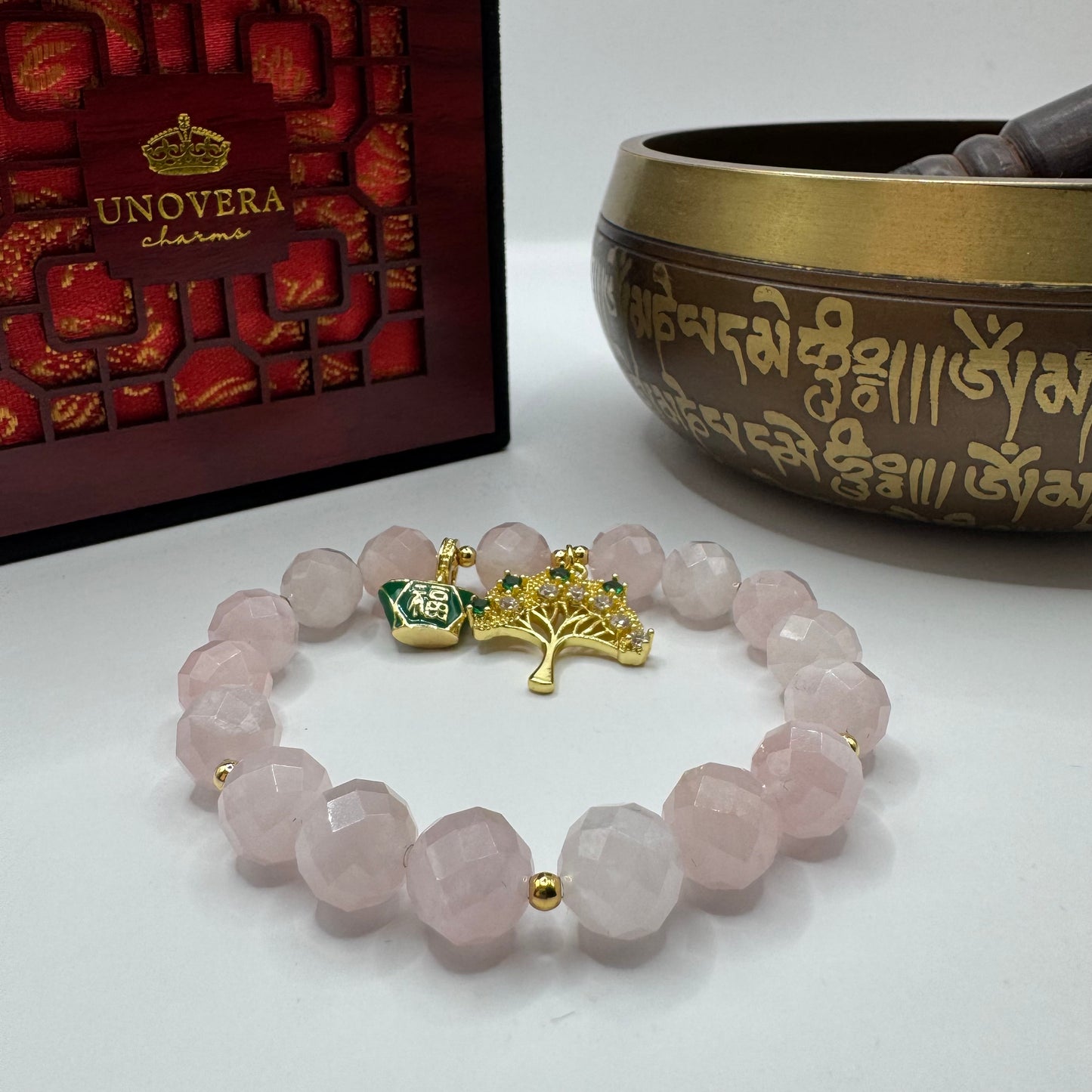 Rose Quartz Faceted w/ Money Bar & Money Tree for Longevity, Universal Love & Wealth