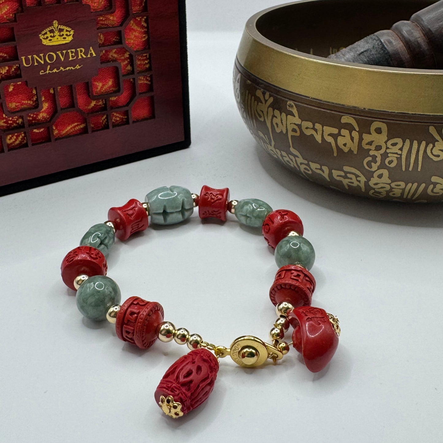 Premium Jade Stone with Cinnabar and 10k Gold Spacer for Good Fortune, Health & Wealth