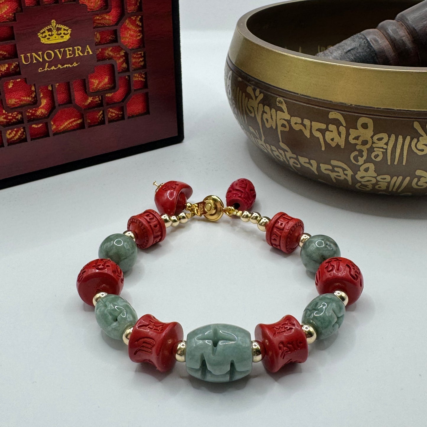 Premium Jade Stone with Cinnabar and 10k Gold Spacer for Good Fortune, Health & Wealth