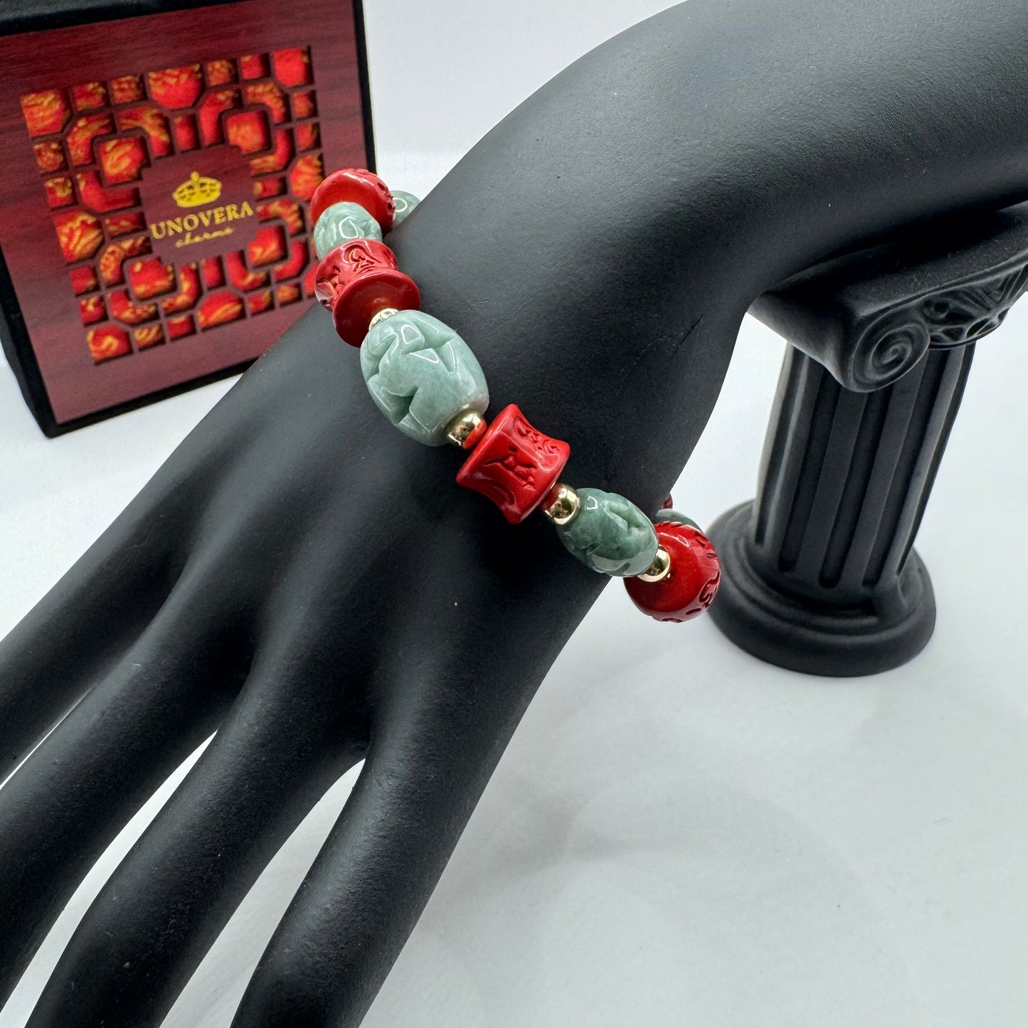 Premium Jade Stone with Cinnabar and 10k Gold Spacer for Good Fortune, Health & Wealth