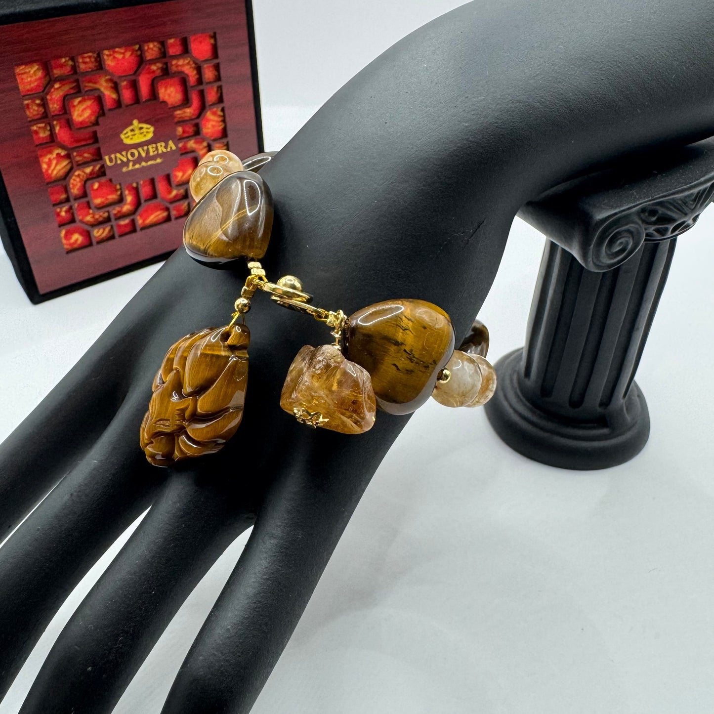 Nine-Tailed Fox w/ Laughing Buddha Tigers Eye & Citrine for Wisdom, Good Luck & Success