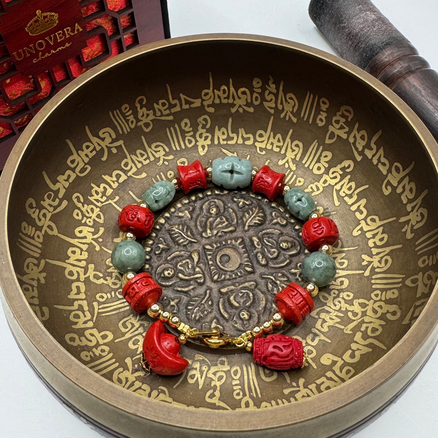 Premium Jade Stone with Cinnabar and 10k Gold Spacer for Good Fortune, Health & Wealth