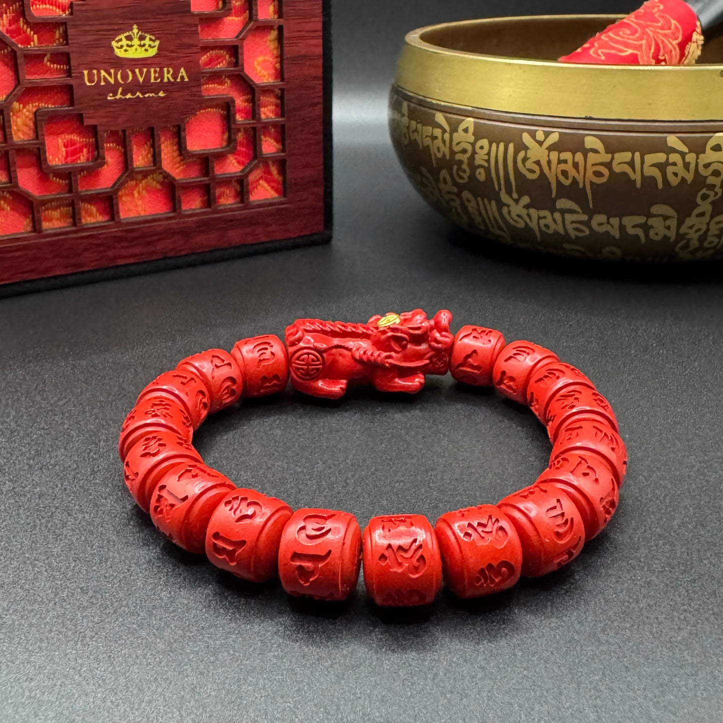 Barrel Cinnabar Mantra 10mm w/ Cinnabar Piyao for Wealth, Health & Business Success