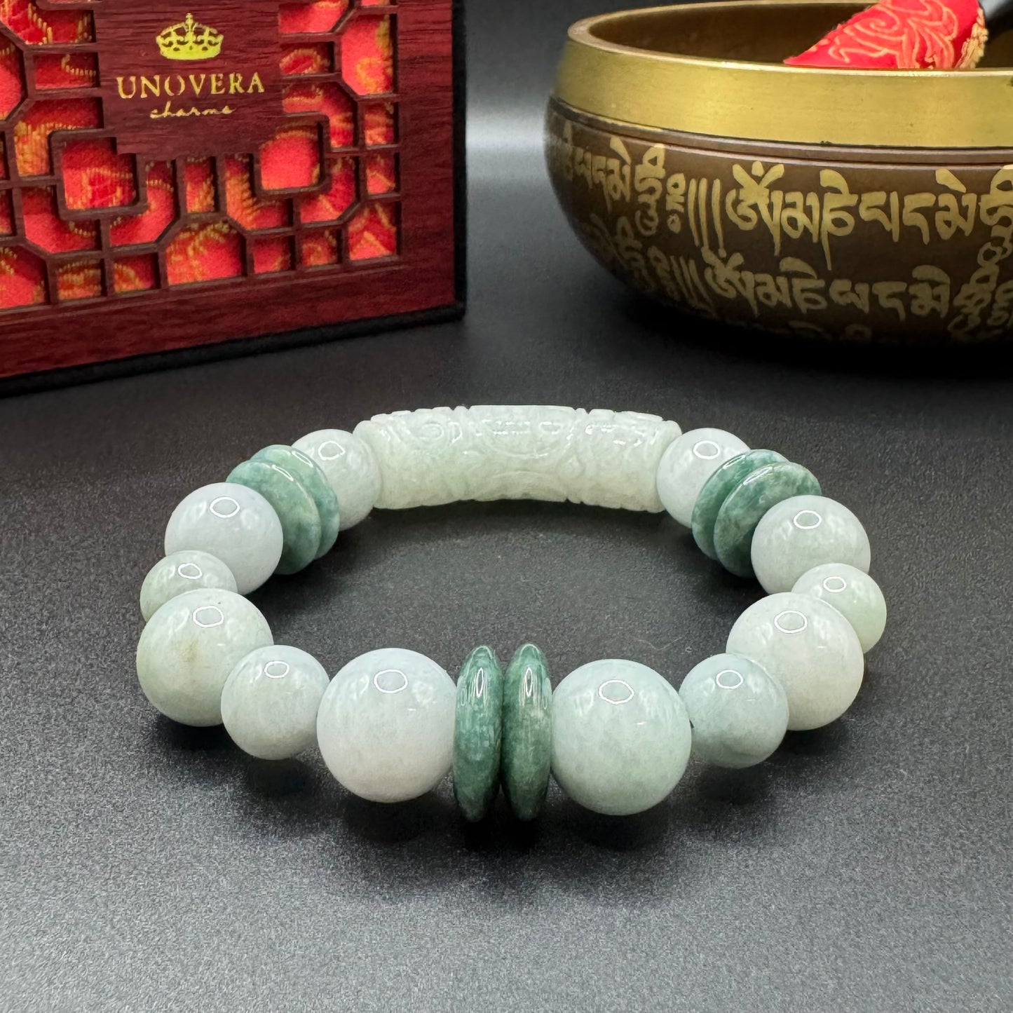 12mm Chinese Jade & Premium Burmese Jade w/ Jade Bamboo for Good Fortune, Money & Health