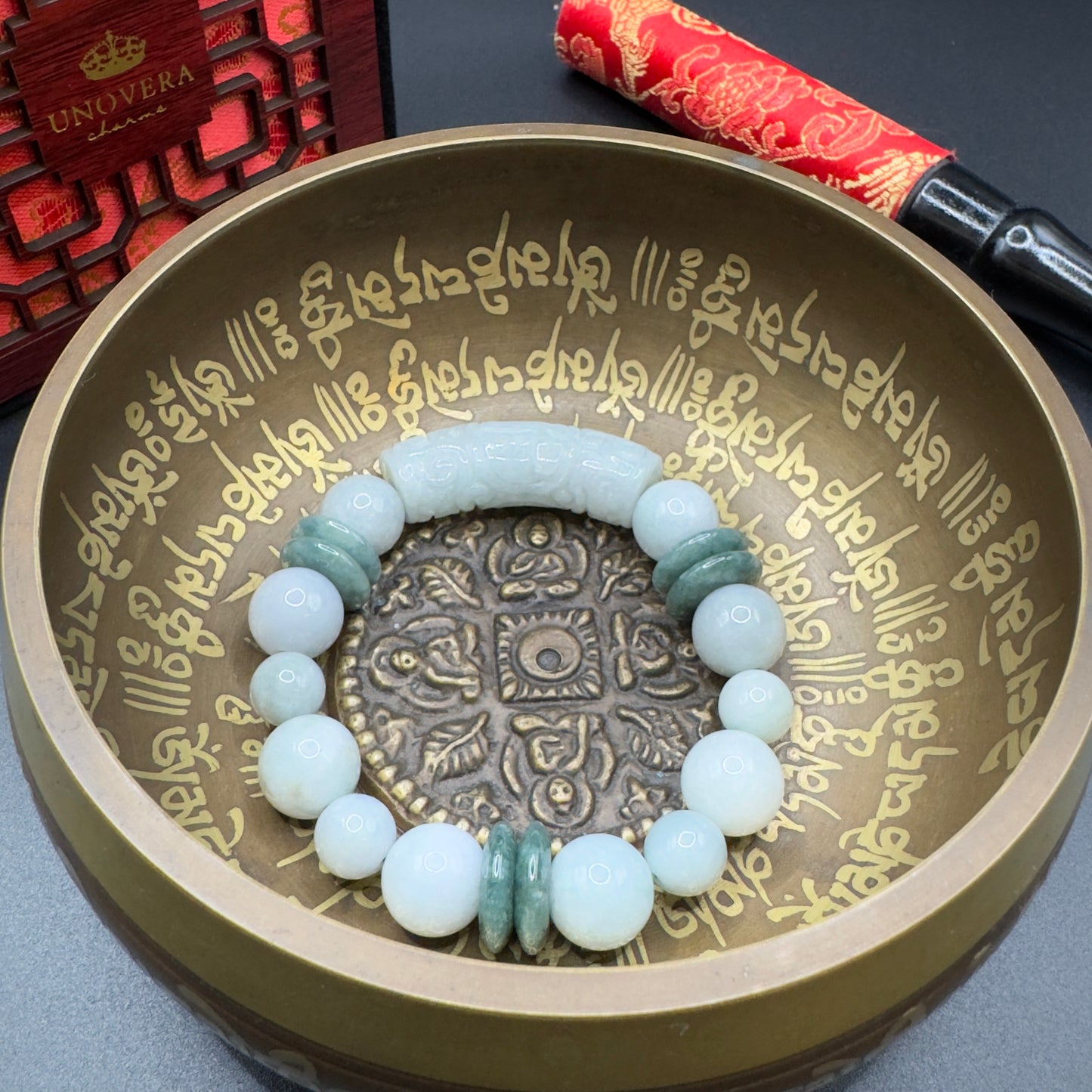 12mm Chinese Jade & Premium Burmese Jade w/ Jade Bamboo for Good Fortune, Money & Health