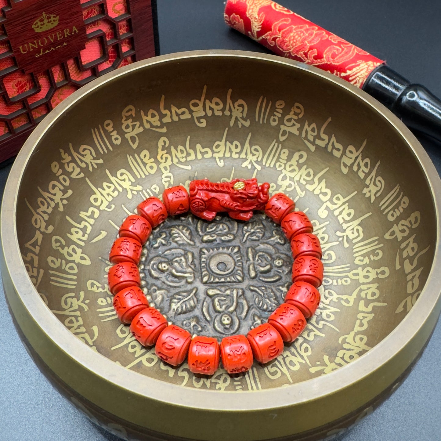 Barrel Cinnabar Mantra 10mm w/ Cinnabar Piyao for Wealth, Health & Business Success