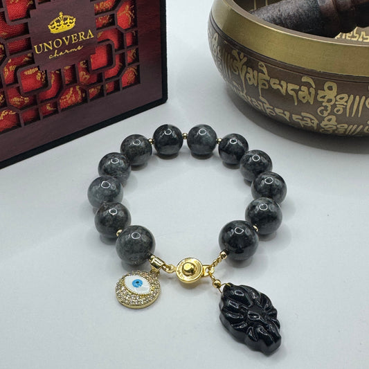 13mm Black Jade (Premium) w/ Evil eye & Fox Tail for Wealth, Good Fortune, Power & Strong Protection