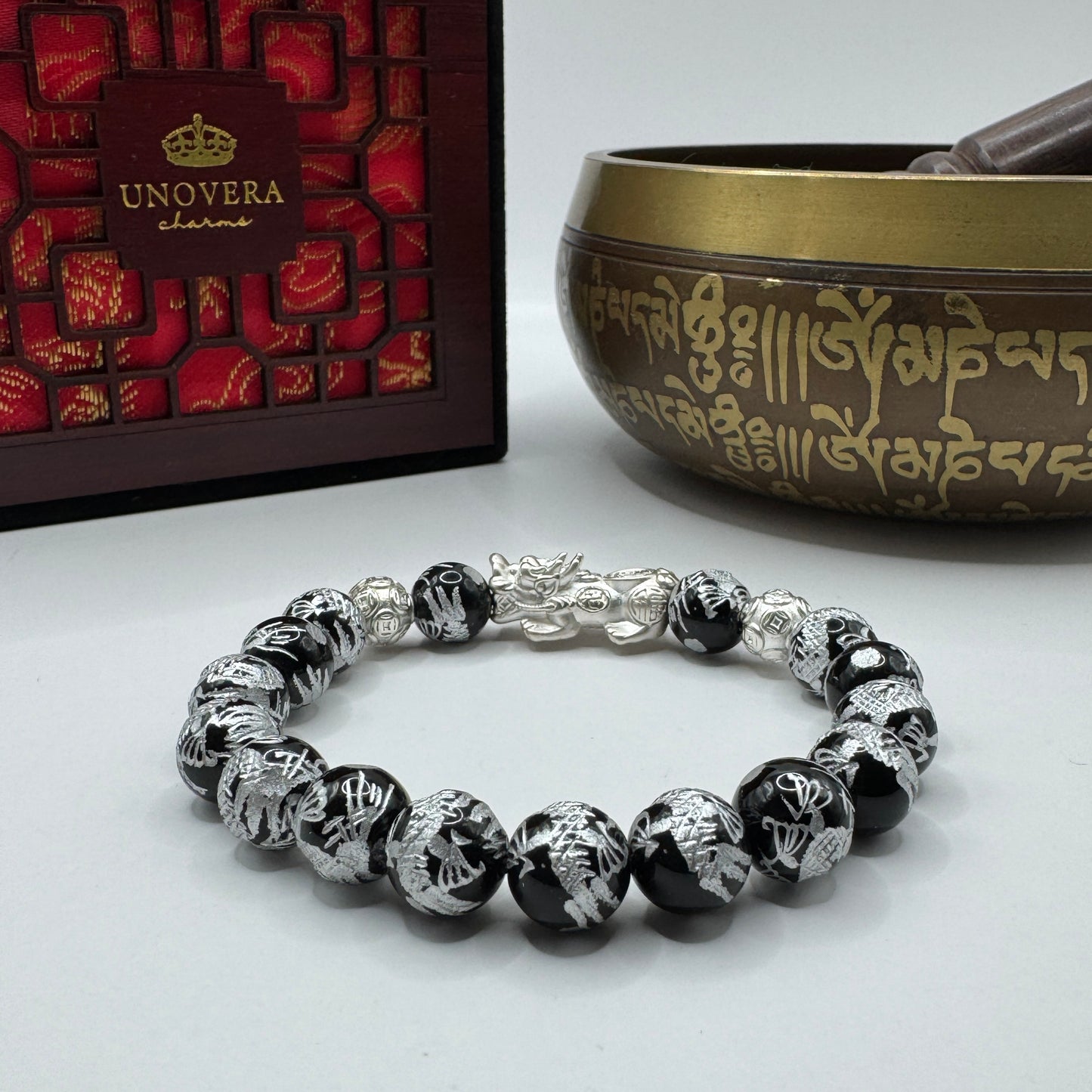 Sterling Silver Piyao & Moneyball w/ Black Tourmaline carved with Silver Dragon for Good Fortune & Protection