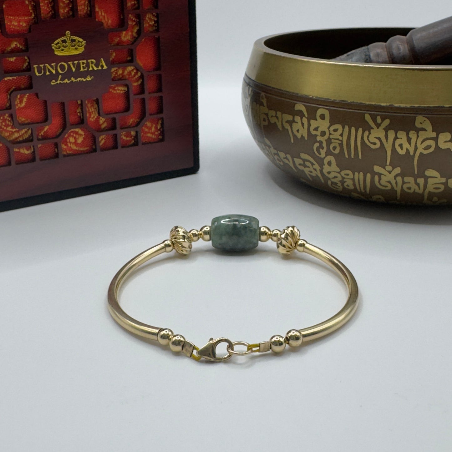 10k Gold Bangle with Premium Burmese Jade for Good Fortune, Wealth & Health