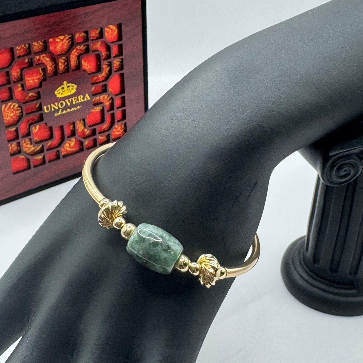 10k Gold Bangle with Premium Burmese Jade for Good Fortune, Wealth & Health