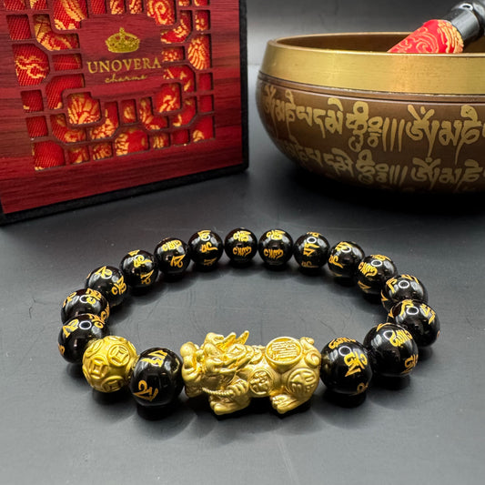 10mm Black Onyx Mantra with 24 Karat Gold Lucky PiYao and for Money Catcher and Good Fortune