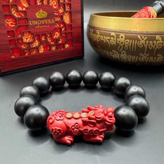 Matte Black Onyx (13mm) w/ Cinnabar Piyao for Wealth, Health & Protection
