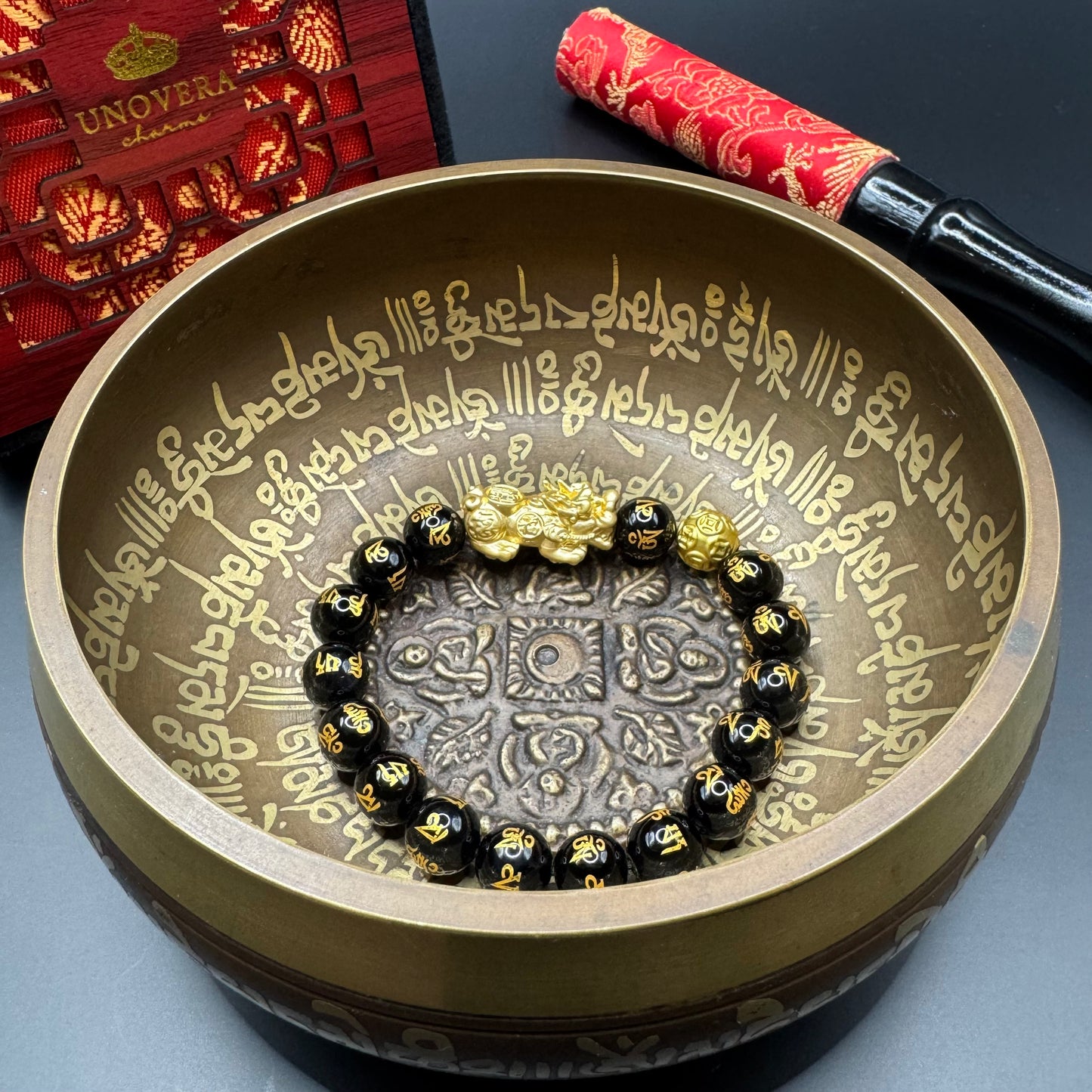 10mm Black Onyx Mantra with 24 Karat Gold Lucky PiYao and for Money Catcher and Good Fortune