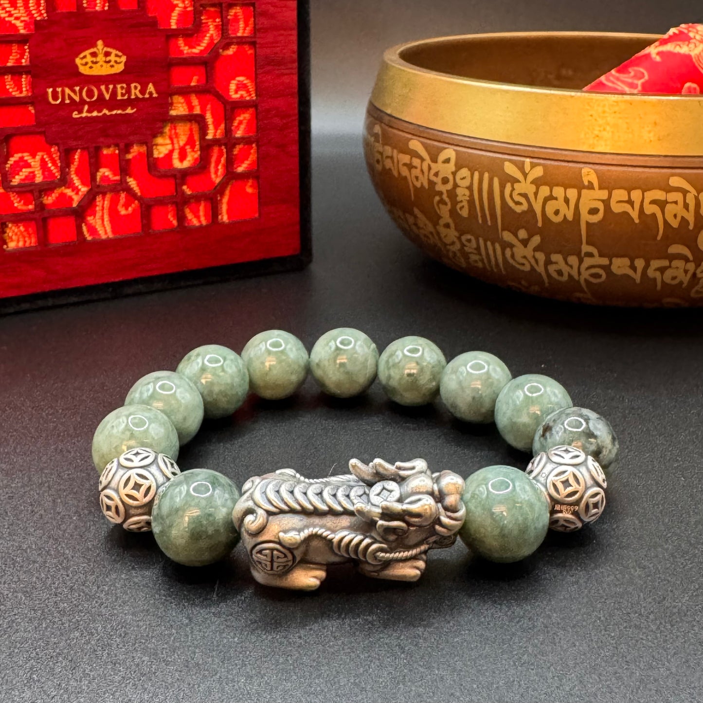 13mm Premium Jade w/ Sterling Silver Plated Piyao for Good Fortune, Wealth & Health