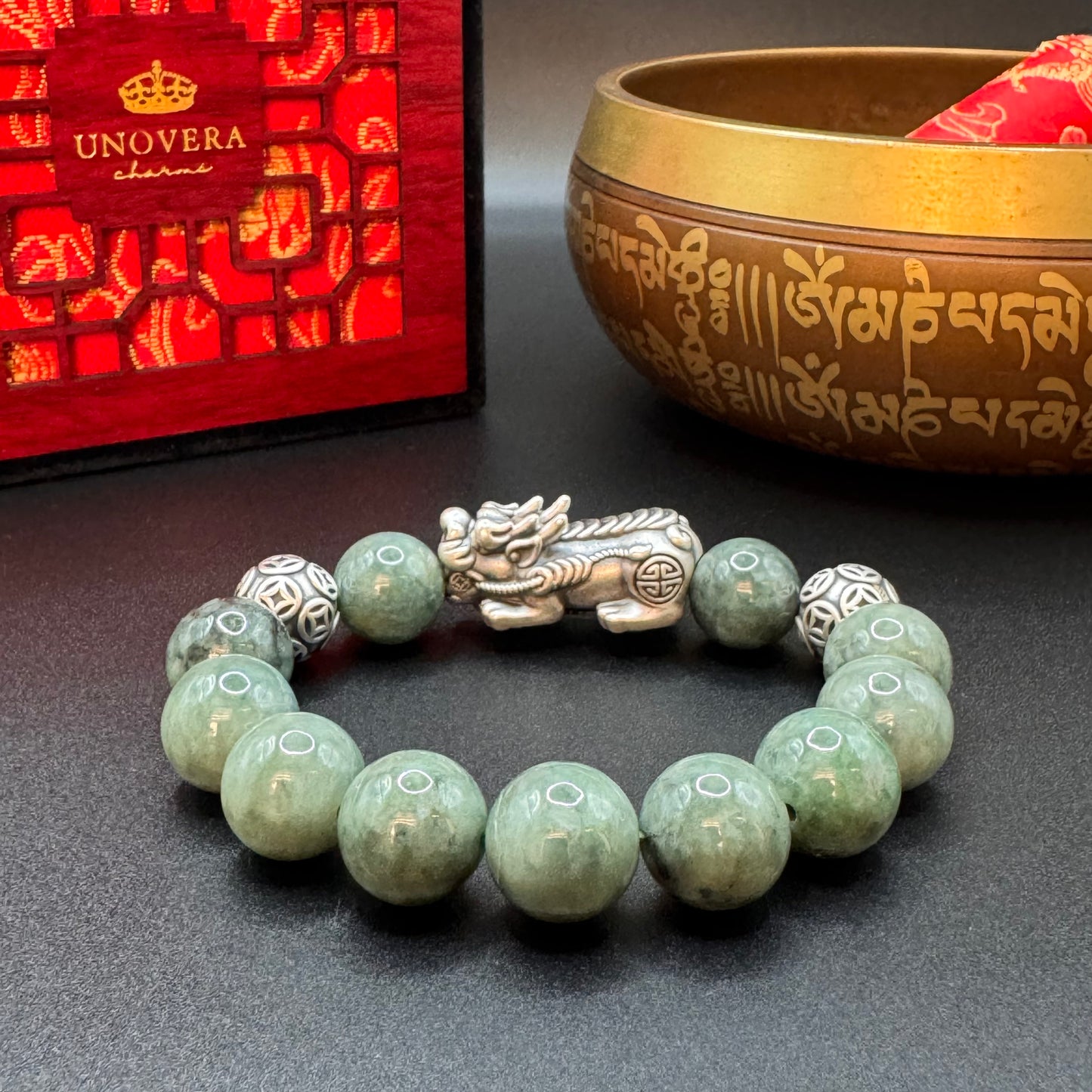 13mm Premium Jade w/ Sterling Silver Plated Piyao for Good Fortune, Wealth & Health