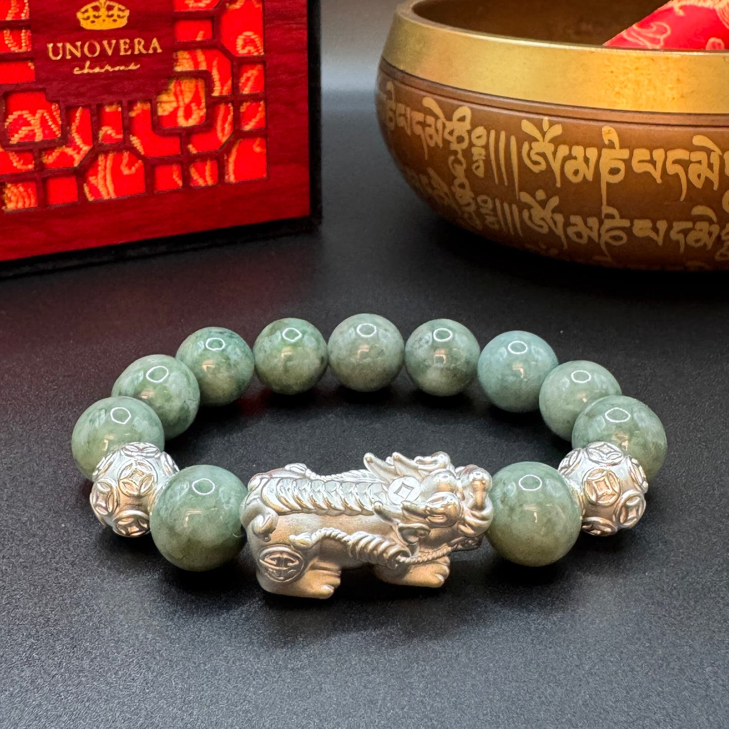 13mm Premium Jade w/ Sterling Silver Plated Piyao for Good Fortune, Wealth & Health