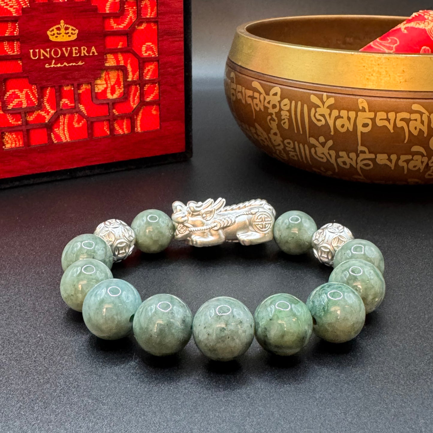 13mm Premium Jade w/ Sterling Silver Plated Piyao for Good Fortune, Wealth & Health