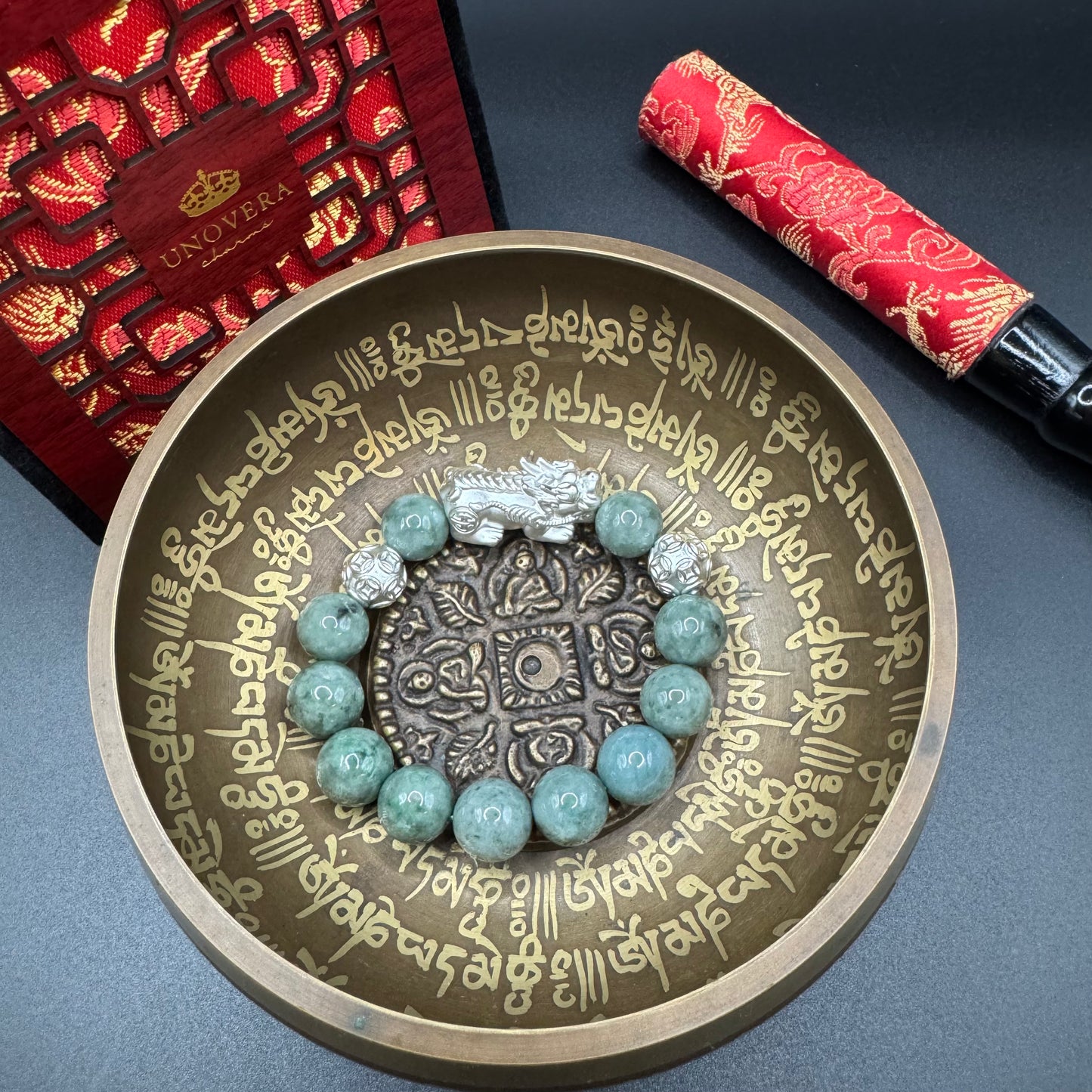 13mm Premium Jade w/ Sterling Silver Plated Piyao for Good Fortune, Wealth & Health